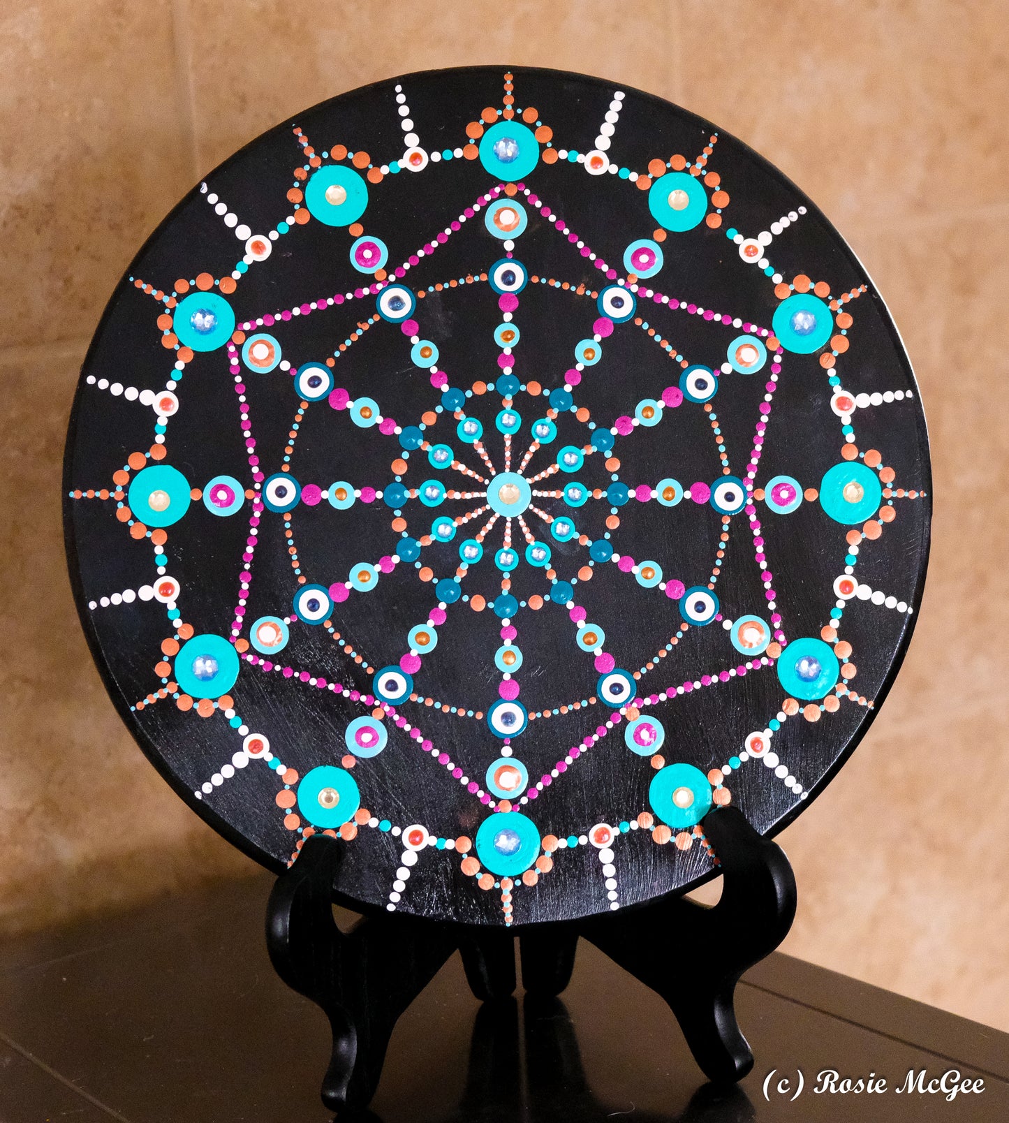 A. 12.5" Mandala Hand-Painted on Upcycled Barstool Seat, With Stand - TURQUOISE WAGON WHEEL - #2401