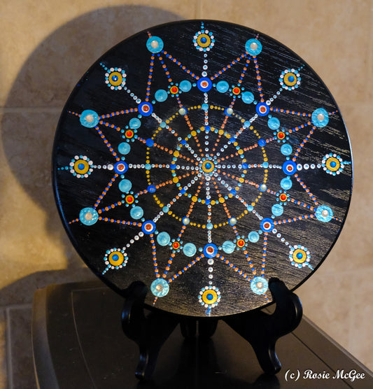 B. 12.5" Mandala Hand-Painted on Upcycled Barstool Seat, with Stand - AQUA/GOLD STAR - #2402