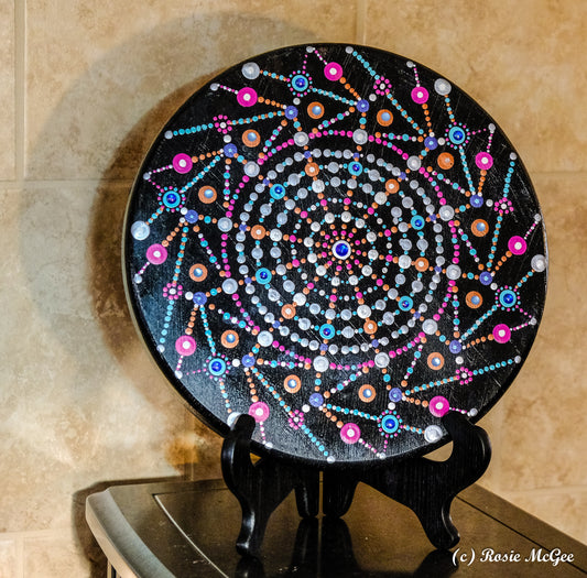 C. 12.5" Mandala Hand-Painted on Upcycled Barstool Seat, with Stand - FIERY FLYWHEEL - #2403