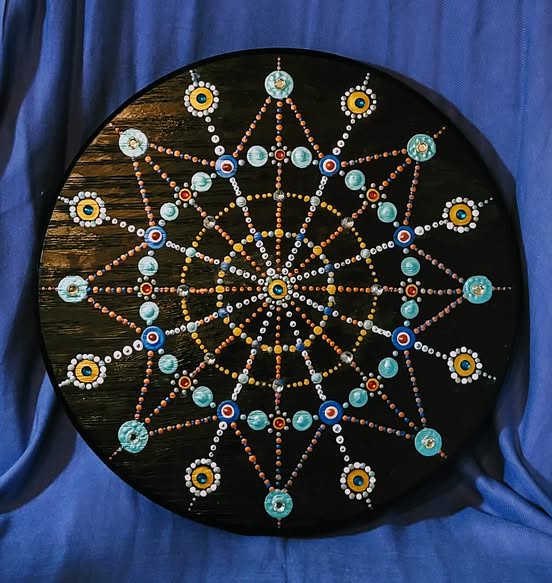 B. 12.5" Mandala Hand-Painted on Upcycled Barstool Seat, with Stand - AQUA/GOLD STAR - #2402