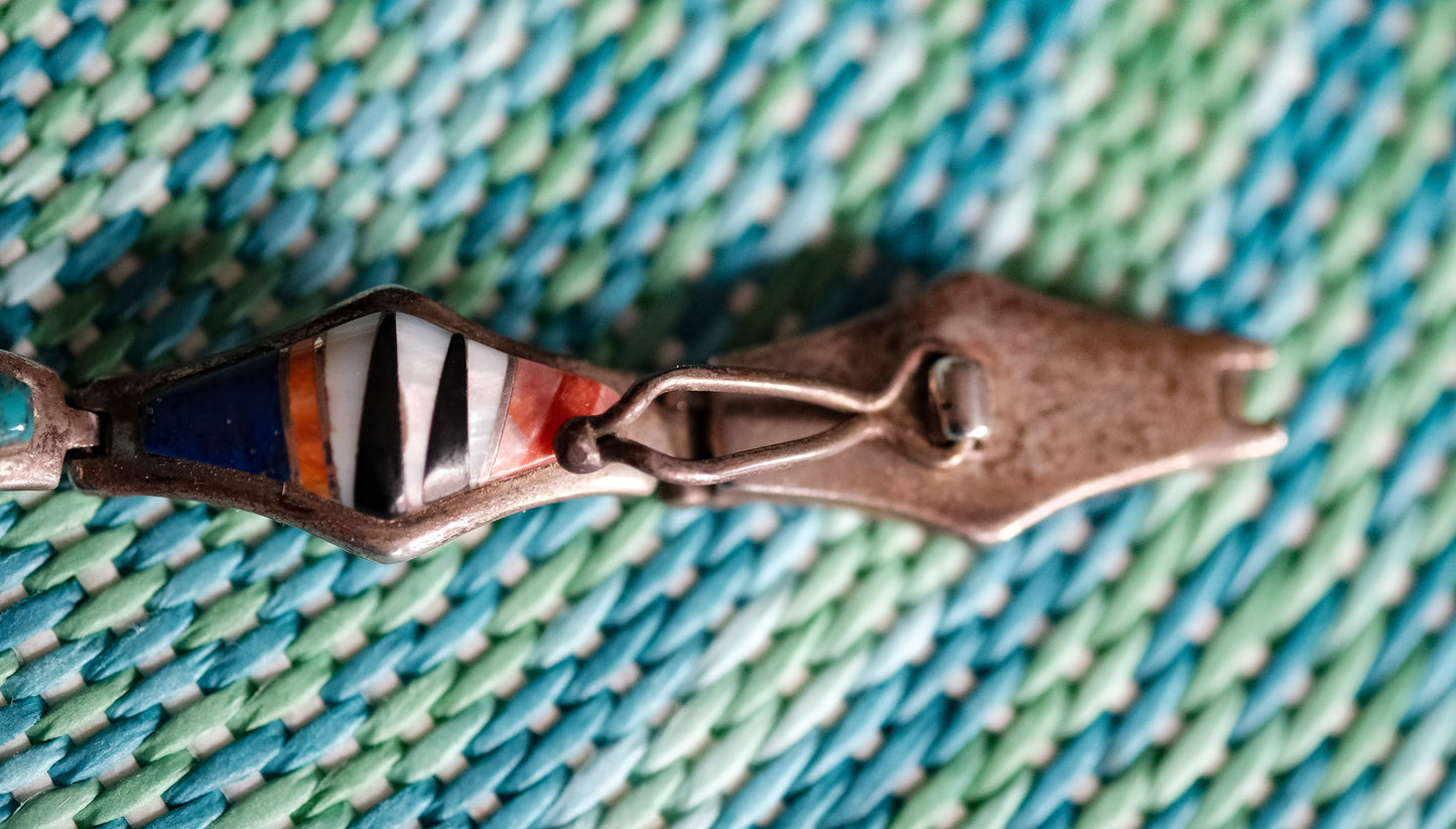 Navajo Handcrafted Silver & Turquoise Multistone Inlay Link Bracelet - 8" including clasp, 7.5" closed - Will consider (reasonable) offers sent by message