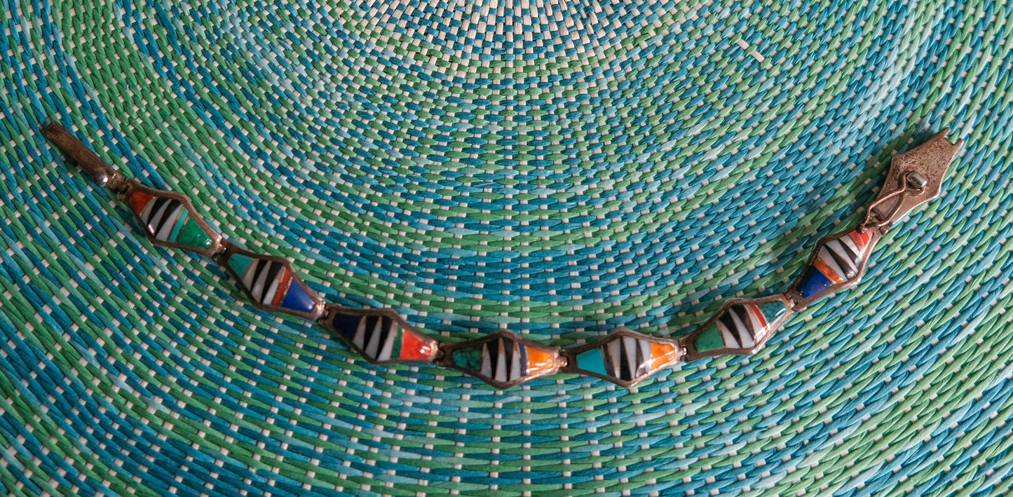 Navajo Handcrafted Silver & Turquoise Multistone Inlay Link Bracelet - 8" including clasp, 7.5" closed - Will consider (reasonable) offers sent by message