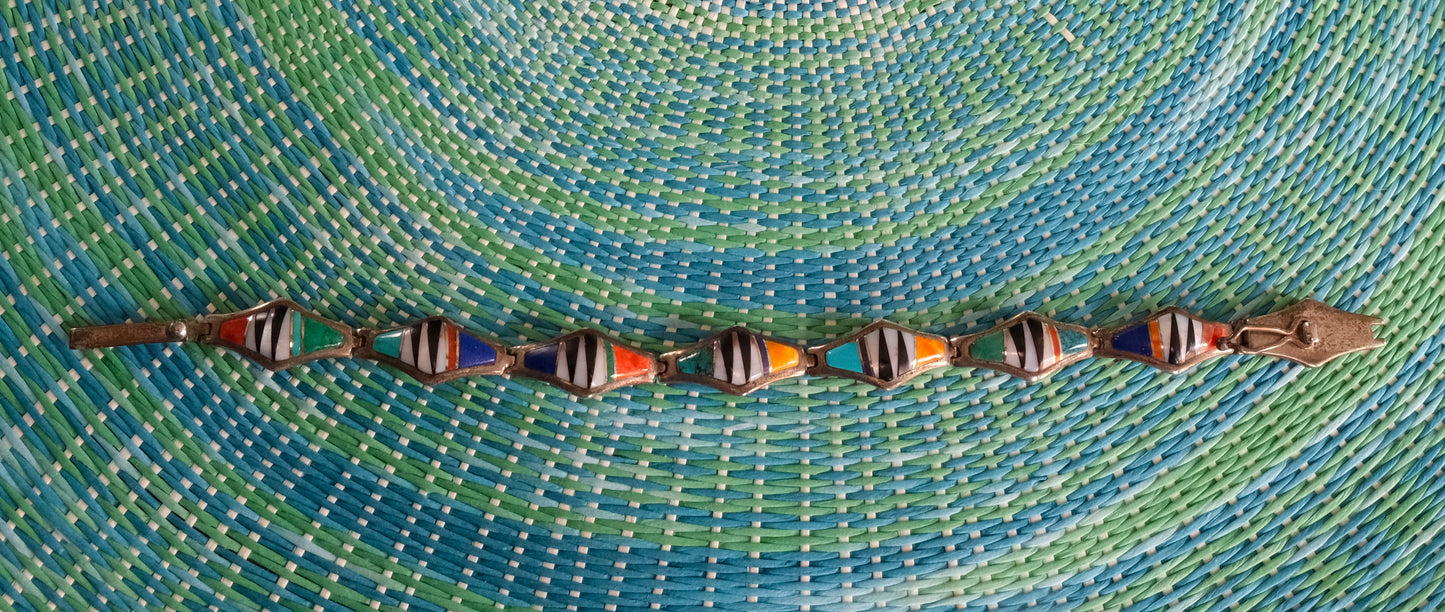 Navajo Handcrafted Silver & Turquoise Multistone Inlay Link Bracelet - 8" including clasp, 7.5" closed - Will consider (reasonable) offers sent by message