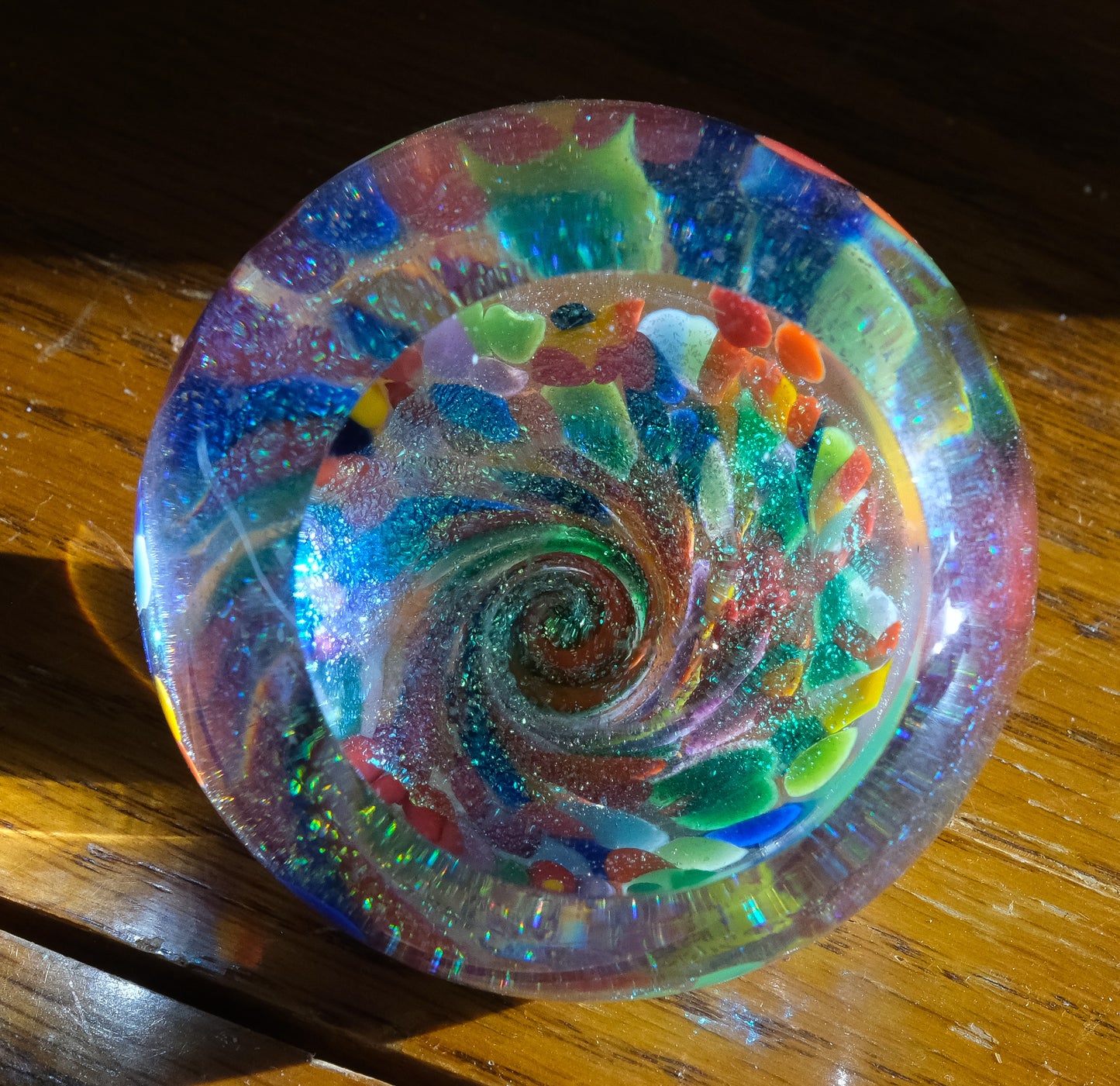 Multicolored and Glittery Art Glass Piece or Paperweight - 2-1/4" , 1-3/4" tall approximately