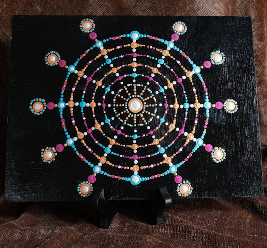 "The Wheel Turns": Hand-Painted Mandala on 1/4" Thick Wood Panel - 12" x 9" - Wood Display Stand Included