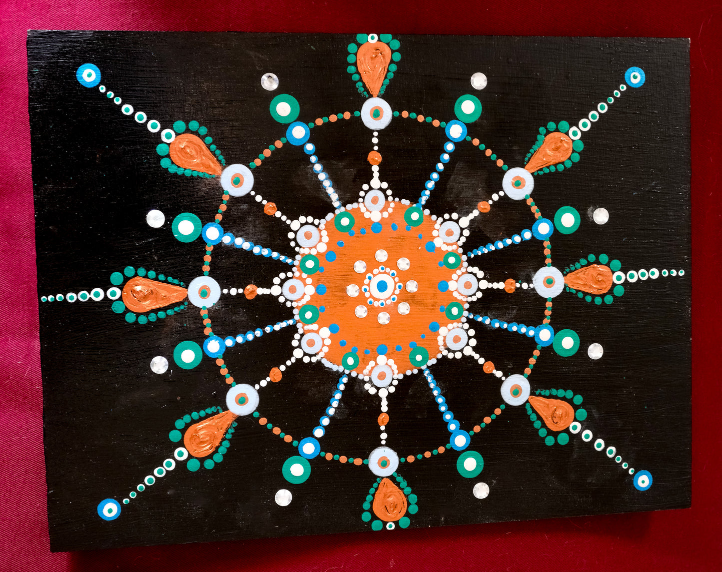 "Copper Explosion": Hand-Painted Mandala on 1/4" Thick Wood Panel - 12" x 9" - Wood Display Stand Included