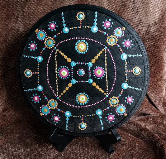 8" Hand-Painted Mandala on 3/4" Thick Wood Plaque - Wooden Stand Included