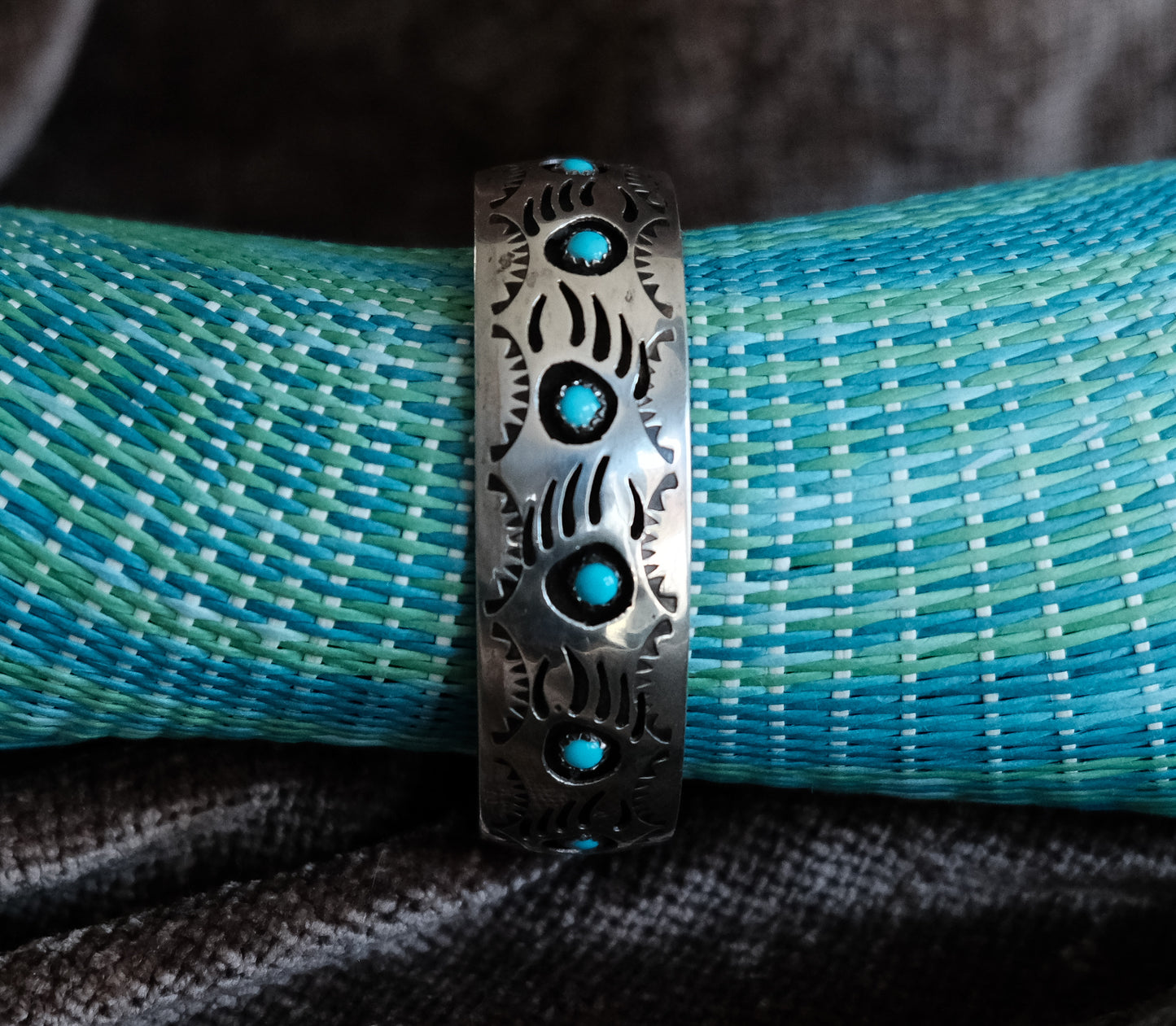 Sterling Silver & Turquoise Bear Claw Cuff by Navajo Silversmith Pearlene Spencer - 6-1/4"cuff & 1-1/2" space = 7-3/4" around