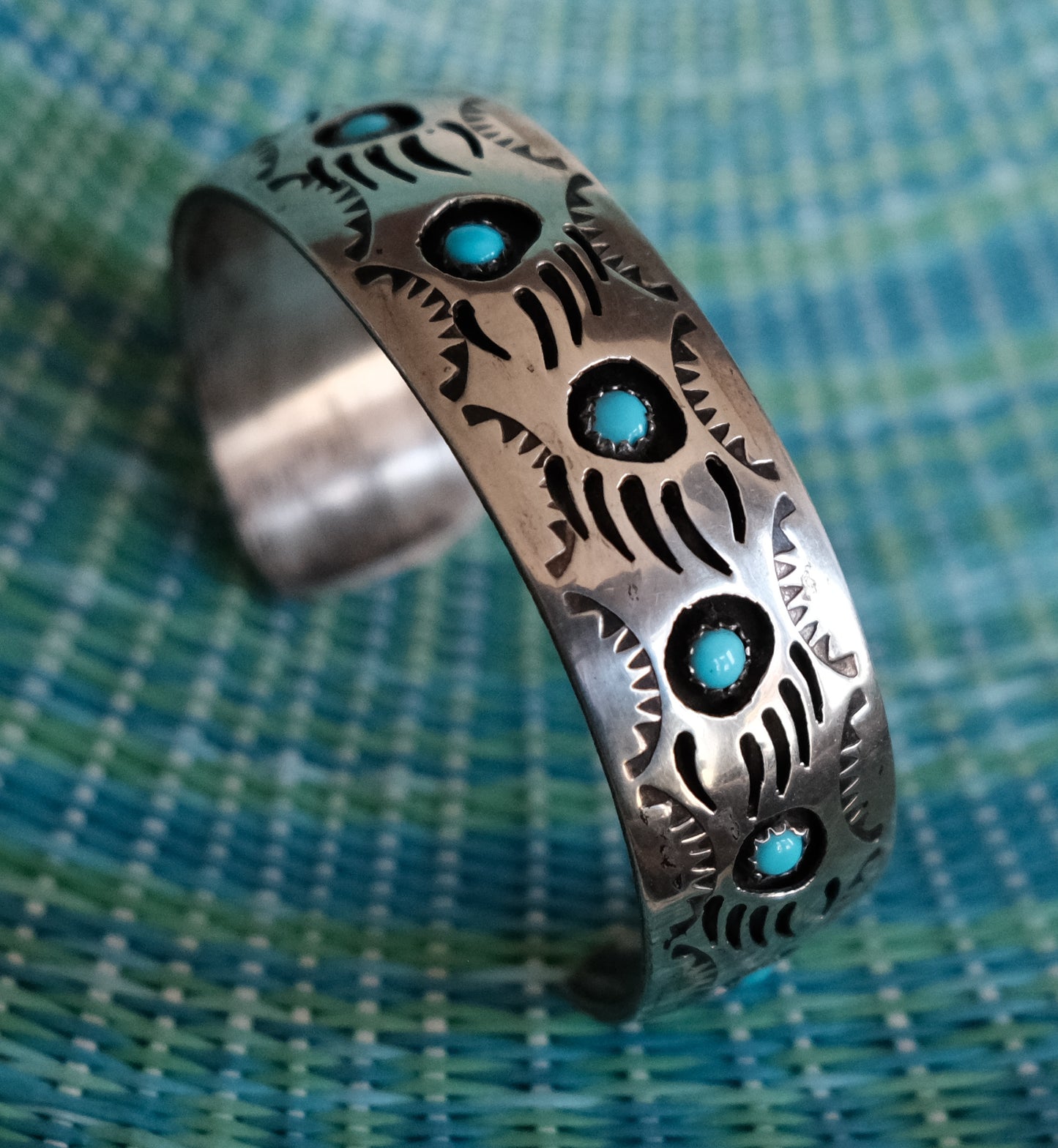 Sterling Silver & Turquoise Bear Claw Cuff by Navajo Silversmith Pearlene Spencer - 6-1/4"cuff & 1-1/2" space = 7-3/4" around