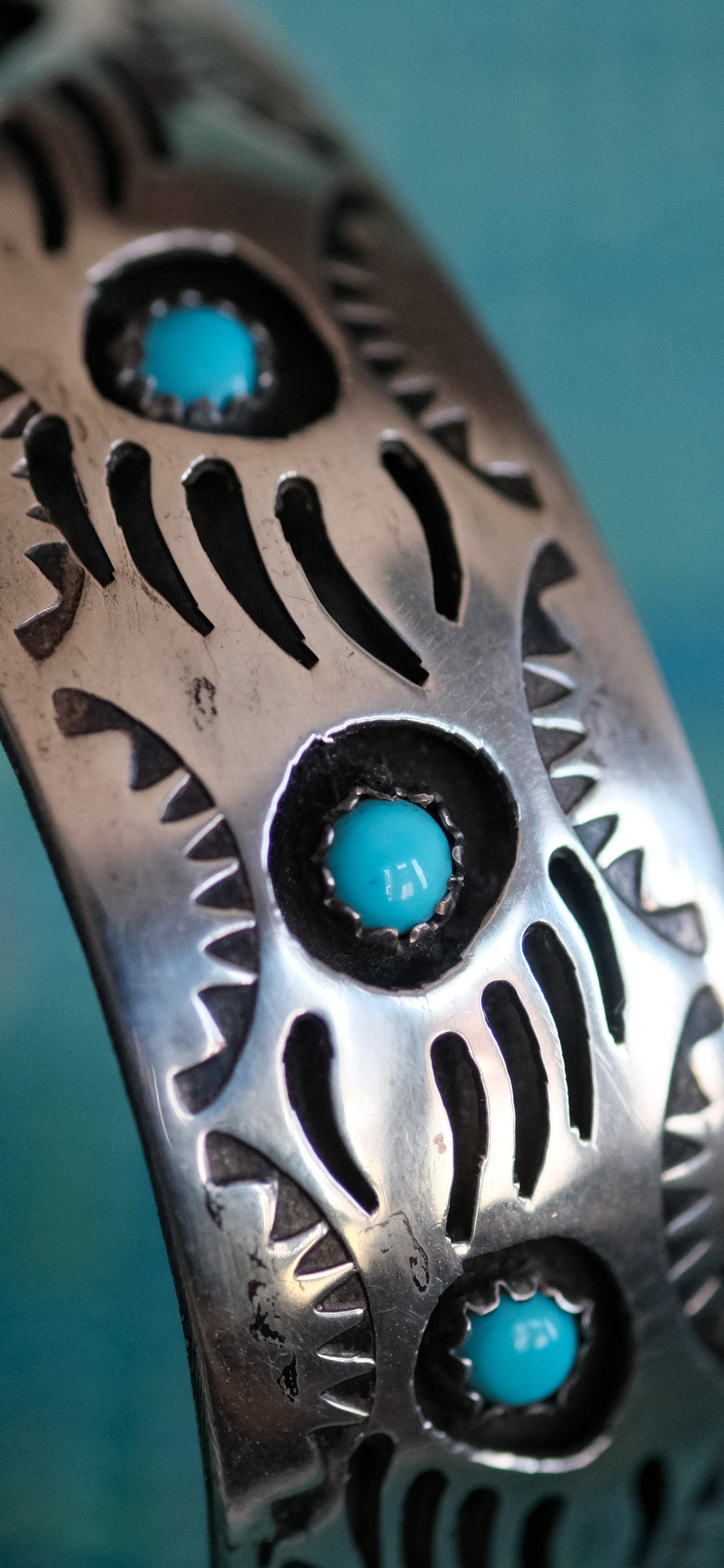 Sterling Silver & Turquoise Bear Claw Cuff by Navajo Silversmith Pearlene Spencer - 6-1/4"cuff & 1-1/2" space = 7-3/4" around