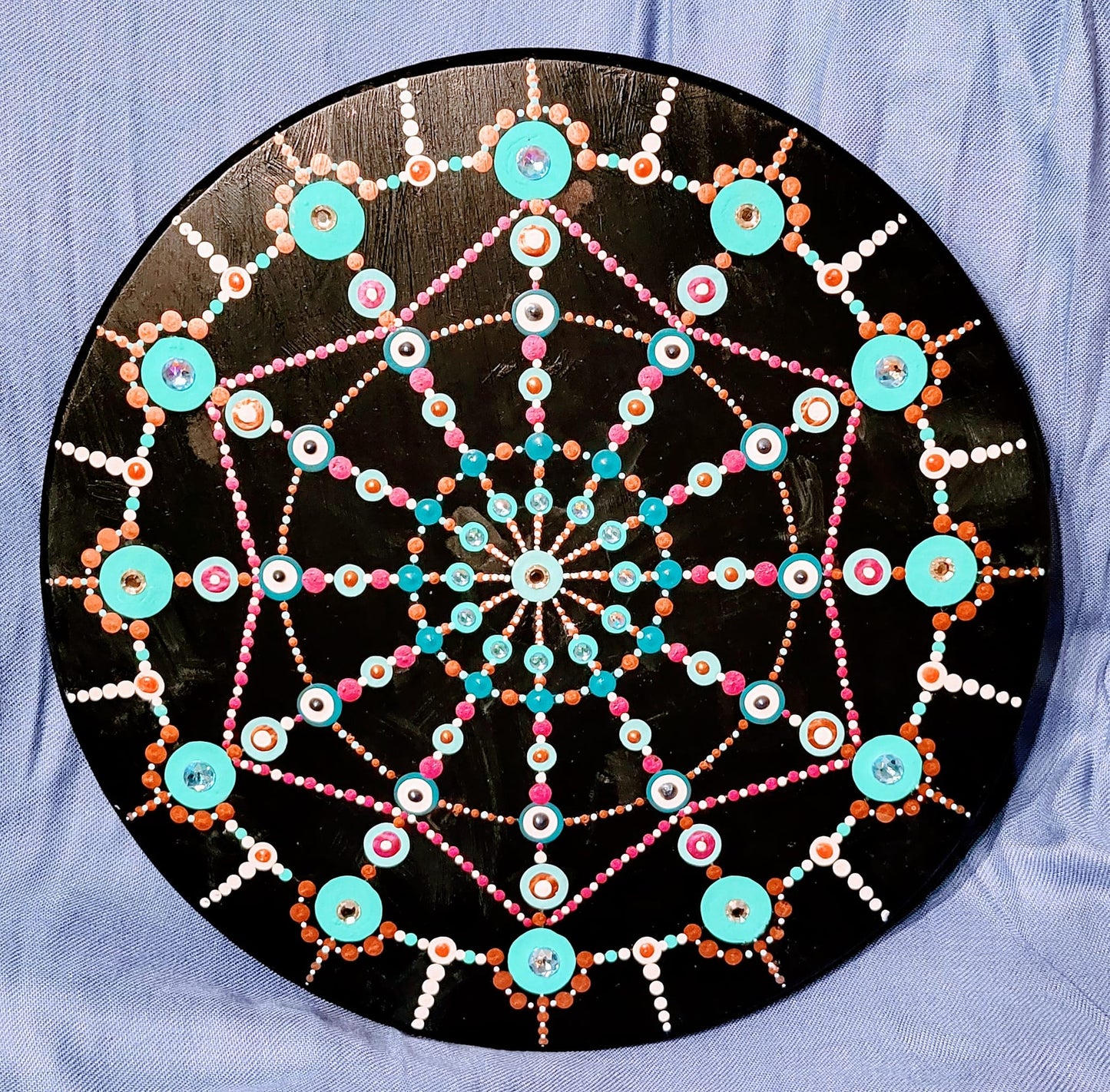 A. 12.5" Mandala Hand-Painted on Upcycled Barstool Seat, With Stand - TURQUOISE WAGON WHEEL - #2401